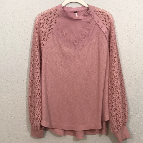Free People Sweetest Thing Embroidered Thermal Top Blouse Bliss Blush Pink Large - Picture 3 of 14
